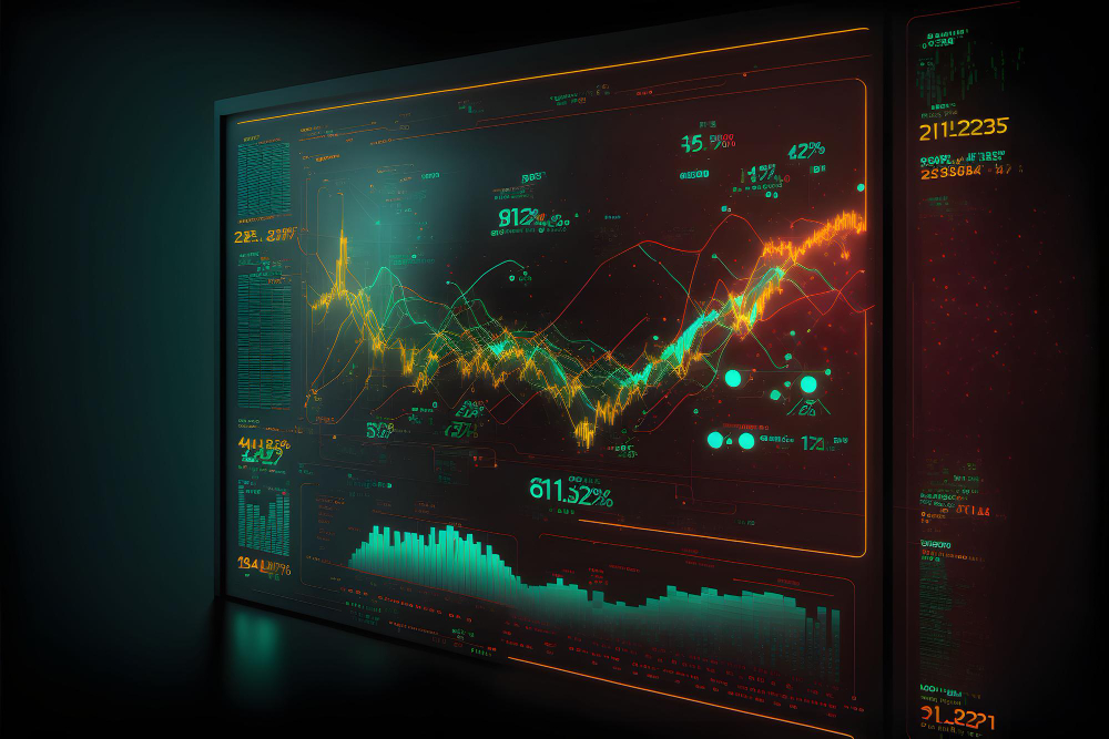 צג דיגיטלי של מסך מחשב המציג את שוק המניות וגרפים של מסחר בקרנות סל