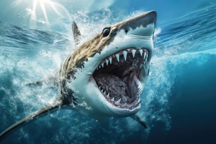צילום תקריב של כריש שפותח את פיו בתוך הים קונספט כריש מפחיד