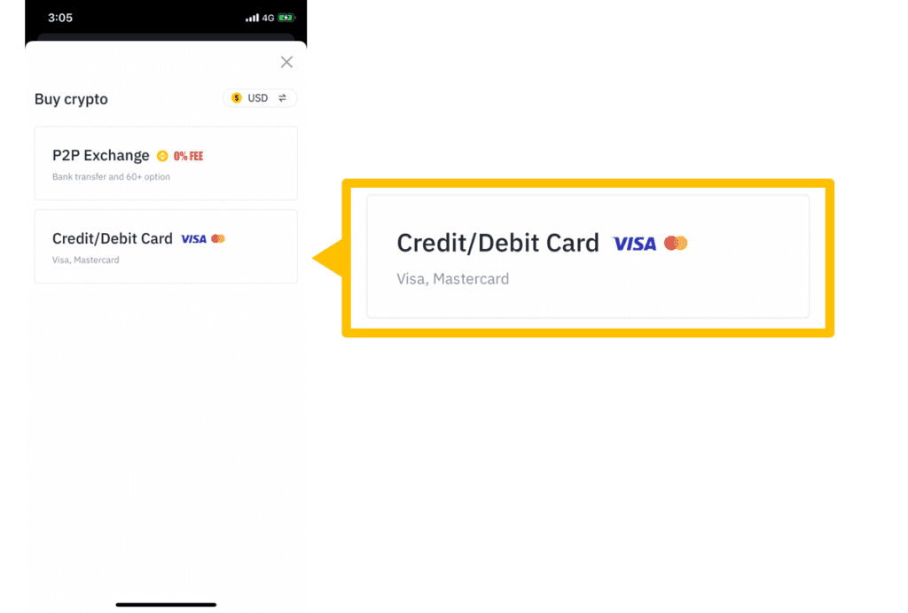 צילום מסך אפליקציית בינאנס לרכישת ביטקוין עם כרטיס אשראי