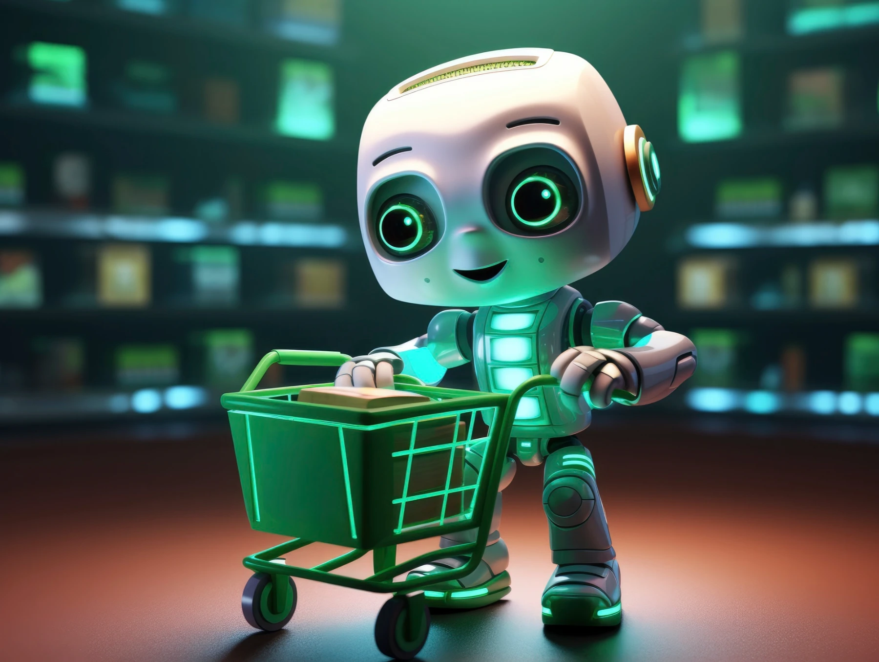 רובוט ירוק שמח עושה קניות בחנות בינה מלאכותית