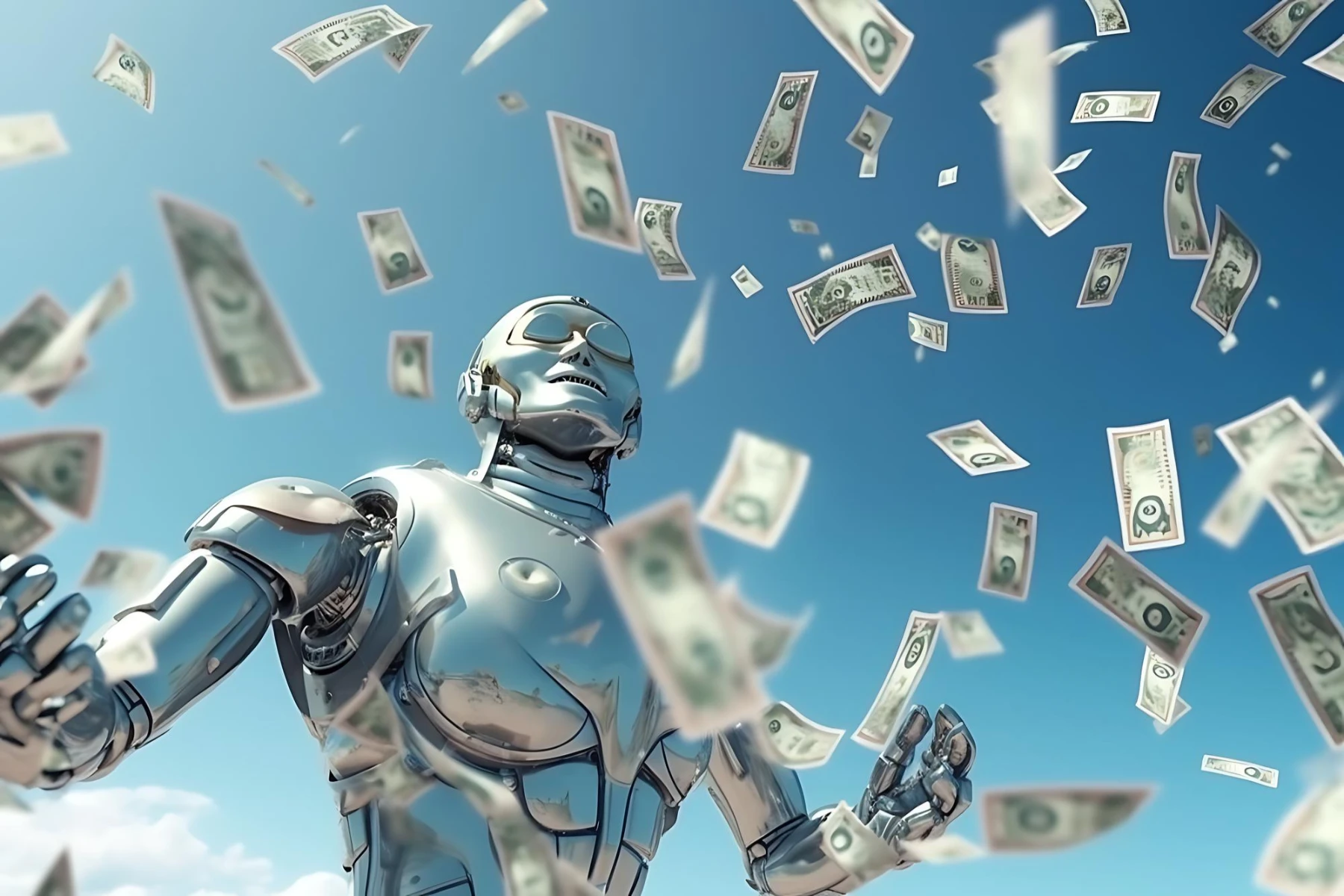 רובוט בינה מלאכותית זורק כסף באוויר
