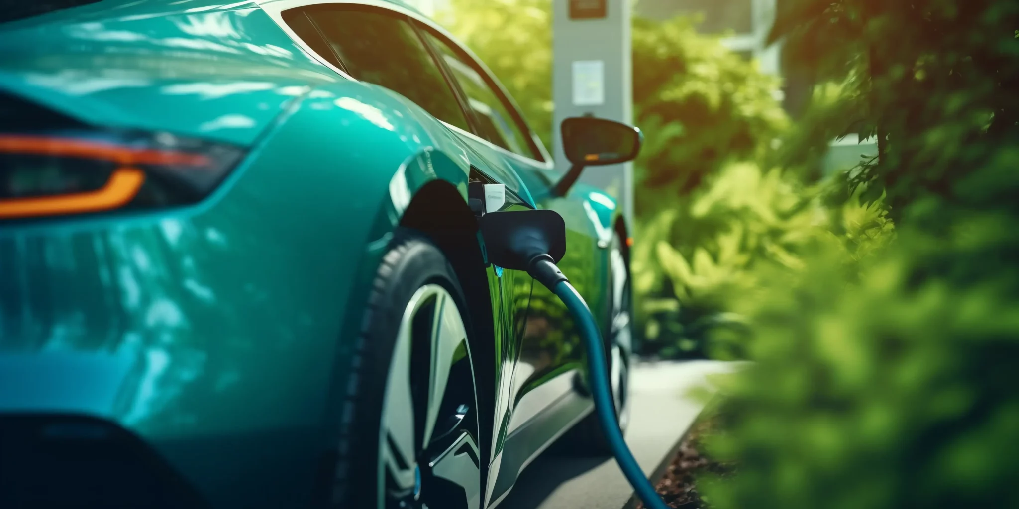 מכונית חשמלית בצבע תכלת בעמדת טעינת רכבים קונספט שוק מכוניות חשמליות