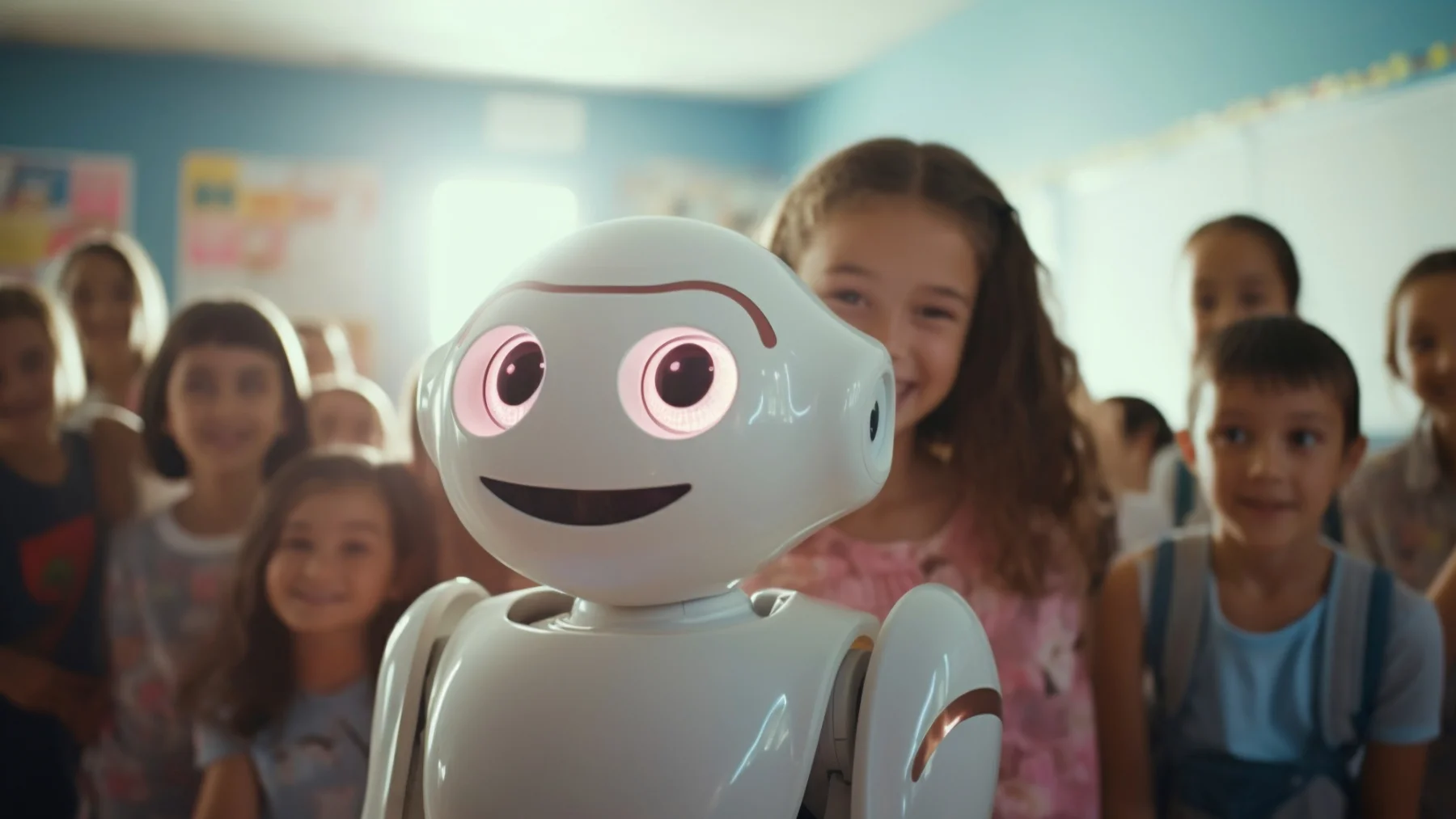 רובוט בינה מלאכותית מחייך באמצע התקהלות ילדים